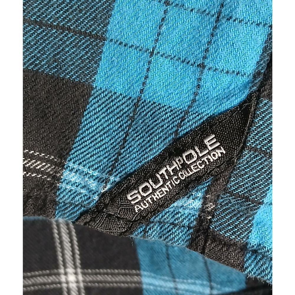 South Pole Mens XXL Blue Black Plaid Shirt Front Snap Long Sleeve Graphic Button - Picture 7 of 11